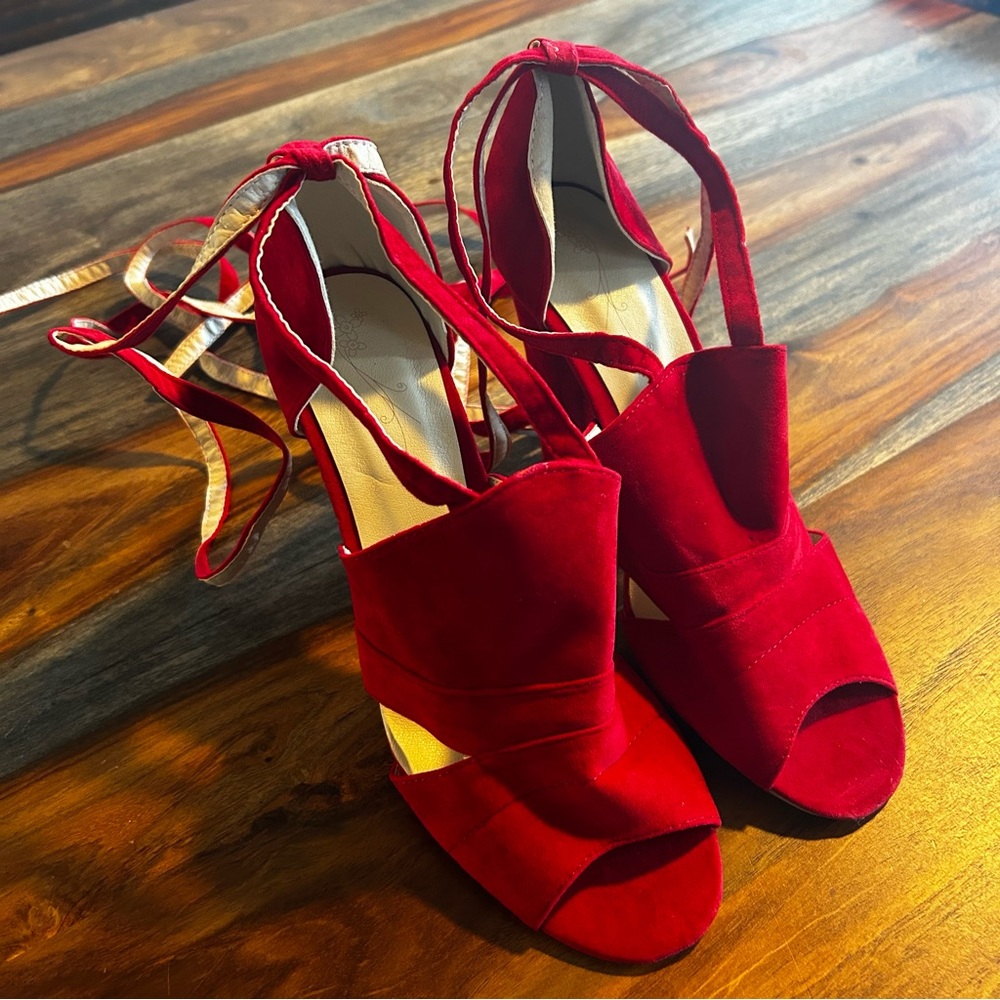 Red Faux Suede Strappy Heels